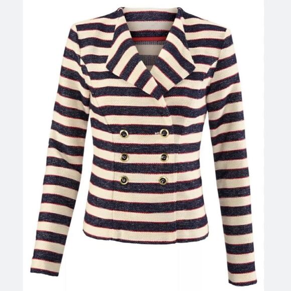 Cabi 5094 Navy Red Cream Nautical Stripe Double Breasted Cruise Blazer Jacket - Picture 2 of 16